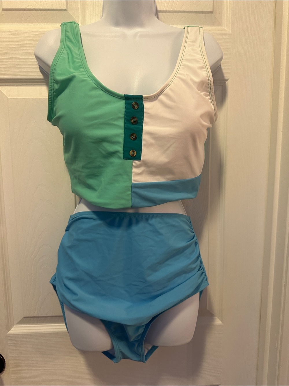 Coral Reef Swim Size L Colorblock Bandeau Swim Set — Green, White & Blue